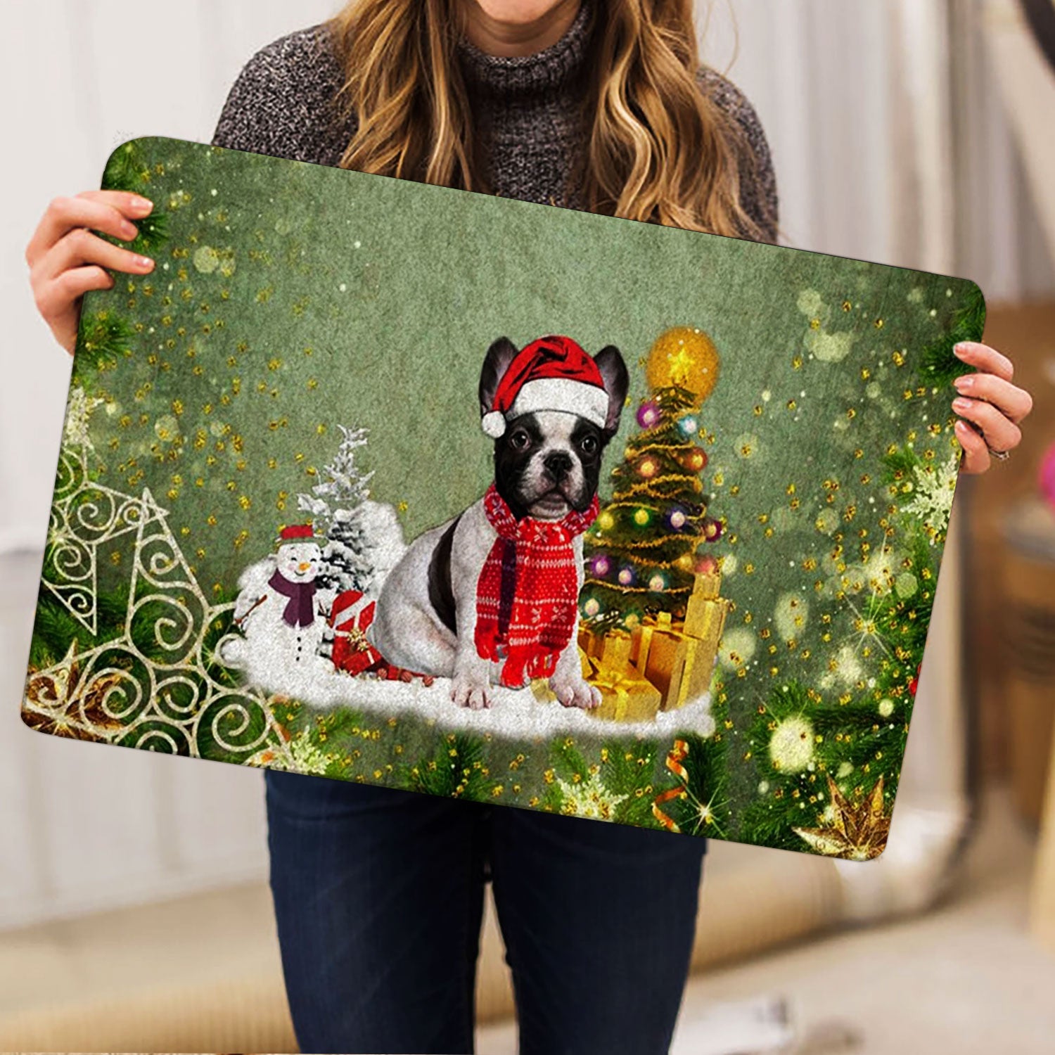 Ohaprints-Doormat-Outdoor-Indoor-French-Bulldog-Merry-Christmas-Snow-Christmas-Tree-Xmas-Holidays-Rubber-Door-Mat-1467-