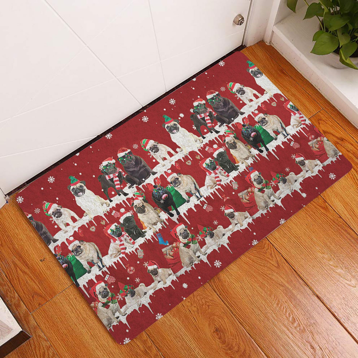 Ohaprints-Doormat-Outdoor-Indoor-Pug-Merry-Christmas-Snowflake-Christmas-Tree-Rubber-Door-Mat-1484-