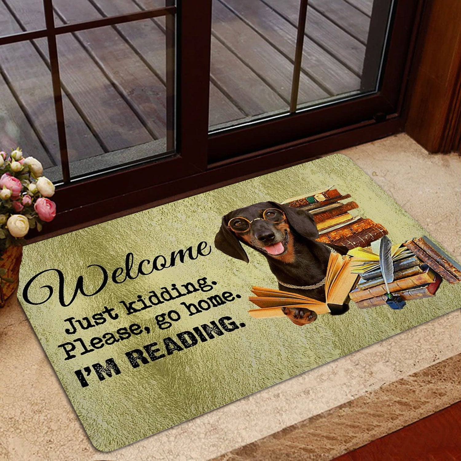 Ohaprints-Doormat-Outdoor-Indoor-Dachshund-Dog-And-Book-Please-Go-Home-I'M-Reading-Rubber-Door-Mat-1490-