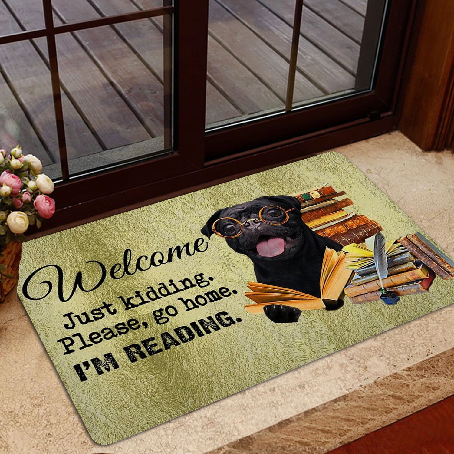 Ohaprints-Doormat-Outdoor-Indoor-Black-Pug-Dog-And-Book-Please-Go-Home-I'M-Reading-Rubber-Door-Mat-1491-