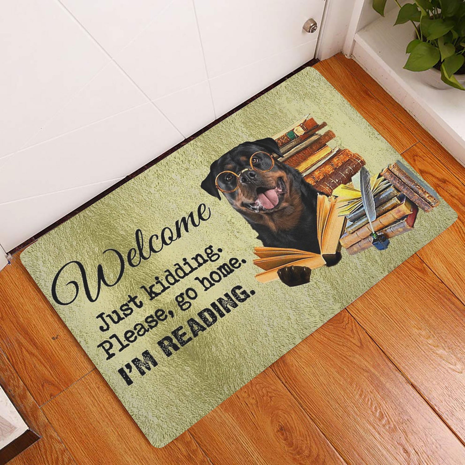 Ohaprints-Doormat-Outdoor-Indoor-Rottweiler-Dog-And-Book-Please-Go-Home-I'M-Reading-Rubber-Door-Mat-1494-