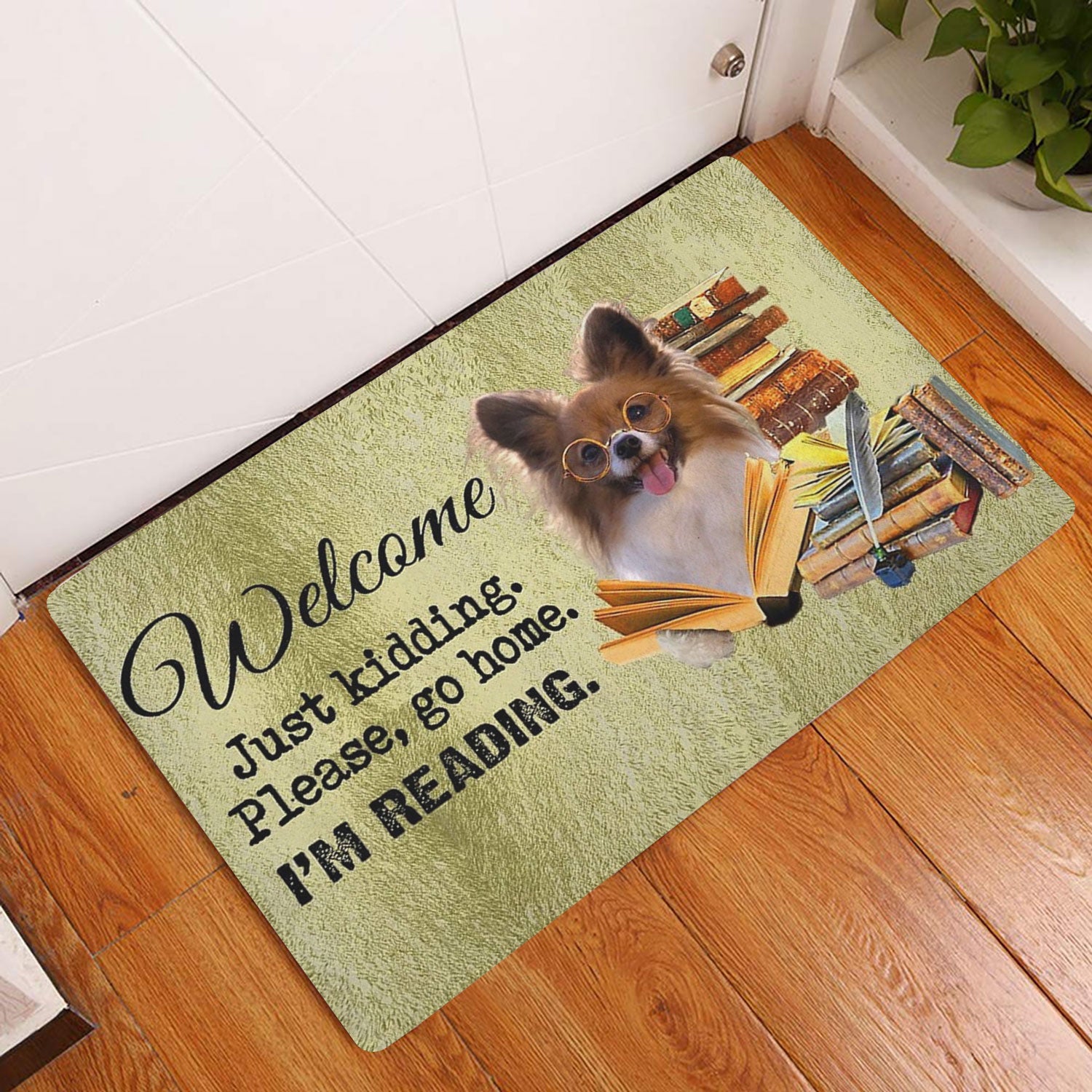 Ohaprints-Doormat-Outdoor-Indoor-Papillon-Dog-And-Book-Please-Go-Home-I'M-Reading-Rubber-Door-Mat-1497-