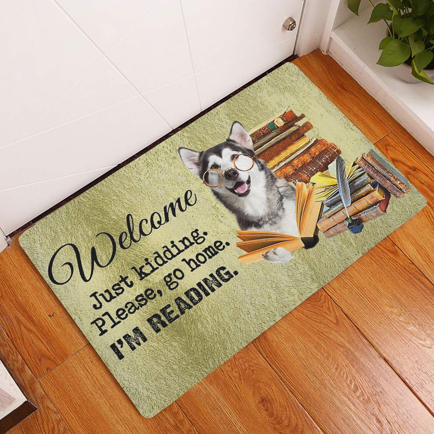 Ohaprints-Doormat-Outdoor-Indoor-Husky-Sibir-Dog-And-Book-Please-Go-Home-I'M-Reading-Rubber-Door-Mat-1500-