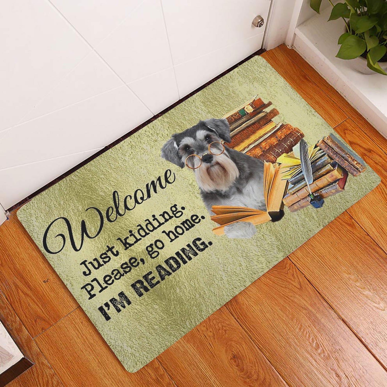 Ohaprints-Doormat-Outdoor-Indoor-Schnauzer-Dog-And-Book-Please-Go-Home-I'M-Reading-Rubber-Door-Mat-1504-