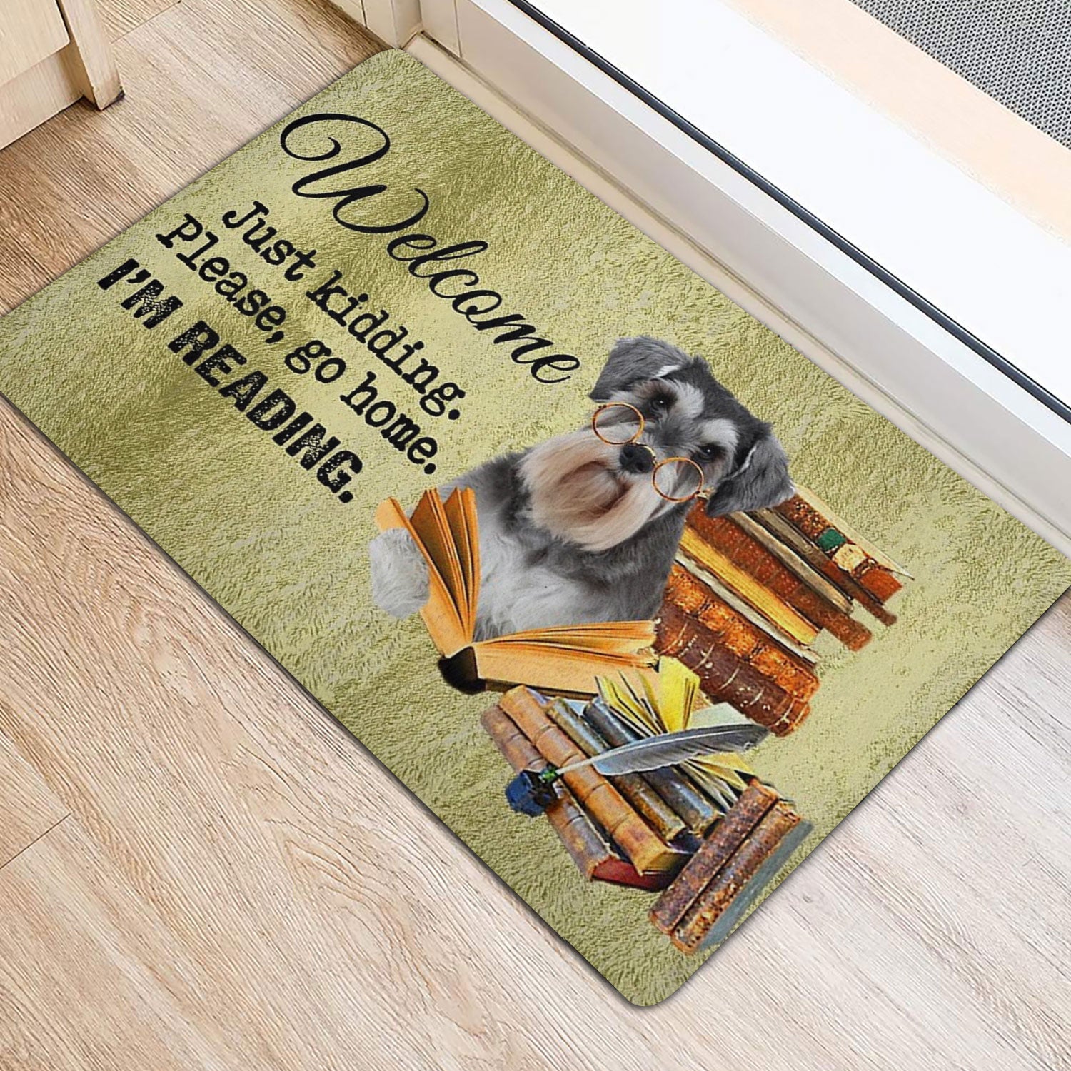 Ohaprints-Doormat-Outdoor-Indoor-Schnauzer-Dog-And-Book-Please-Go-Home-I'M-Reading-Rubber-Door-Mat-1504-