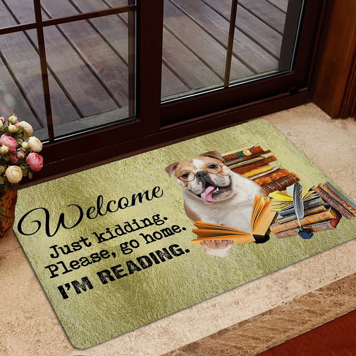 Ohaprints-Doormat-Outdoor-Indoor-English-Bulldog-And-Book-Please-Go-Home-I'M-Reading-Rubber-Door-Mat-1505-