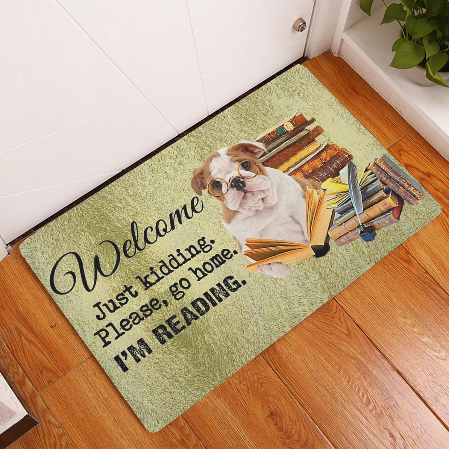 Ohaprints-Doormat-Outdoor-Indoor-English-Bulldog-Dog-And-Book-Please-Go-Home-I'M-Reading-Rubber-Door-Mat-1512-