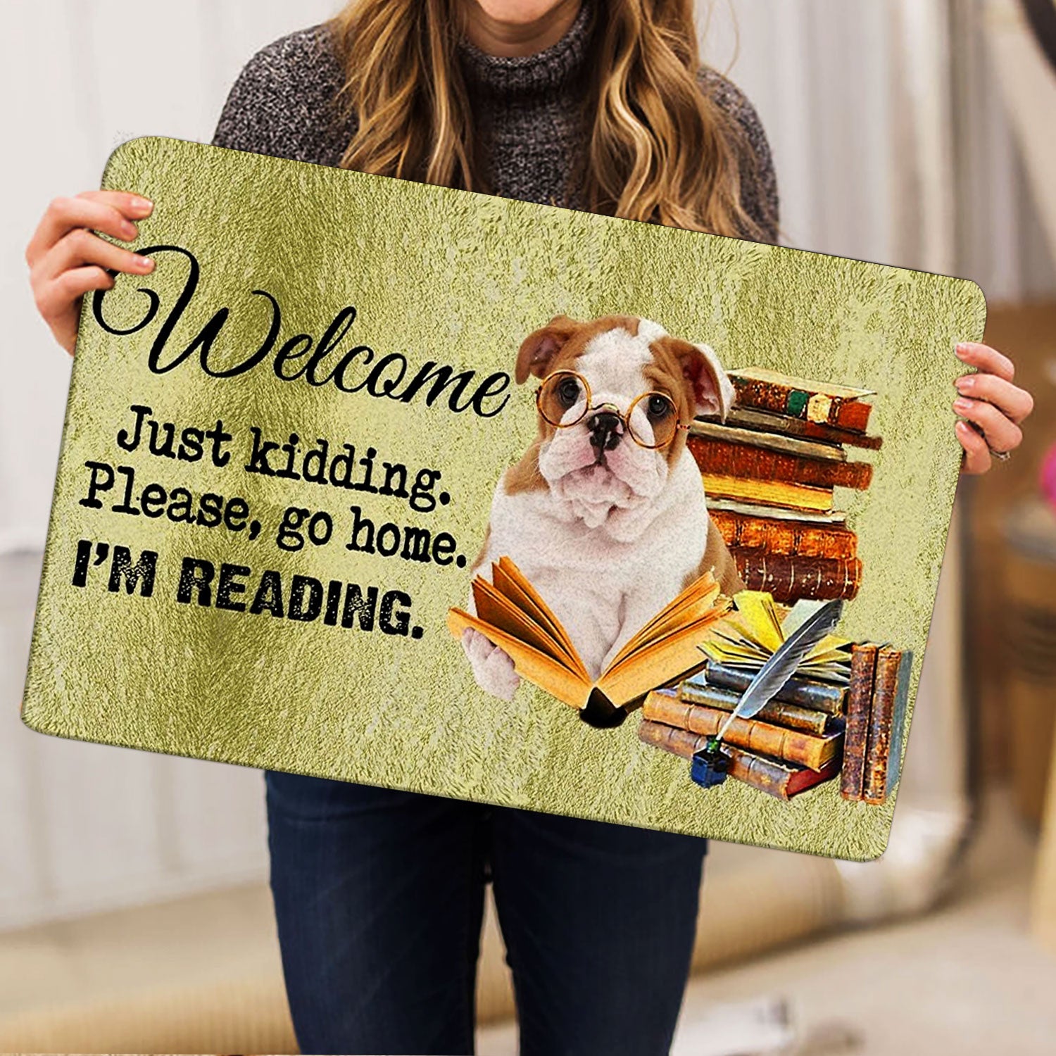 Ohaprints-Doormat-Outdoor-Indoor-English-Bulldog-Dog-And-Book-Please-Go-Home-I'M-Reading-Rubber-Door-Mat-1512-