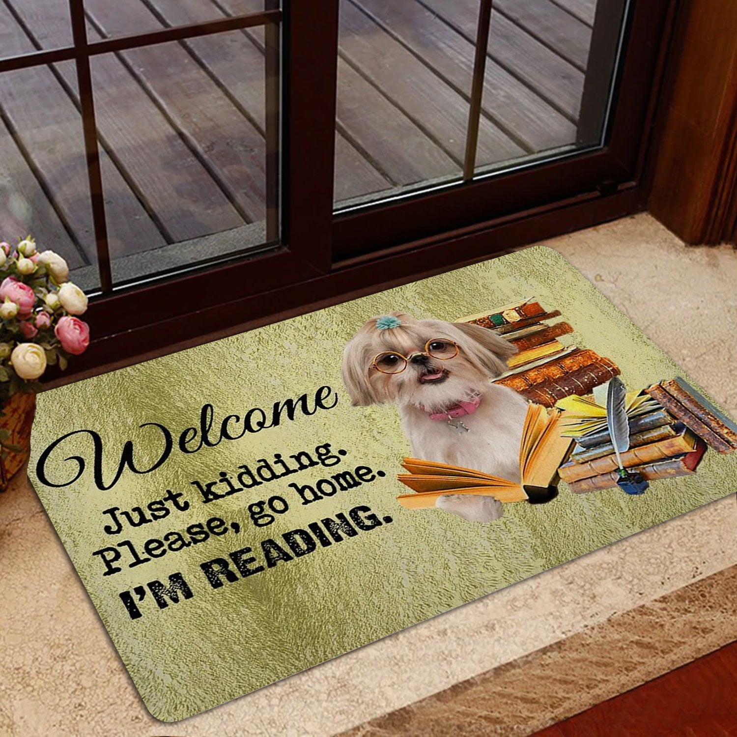 Ohaprints-Doormat-Outdoor-Indoor-Shih-Tzu-Shitzu-Dog-And-Book-Please-Go-Home-I'M-Reading-Rubber-Door-Mat-1513-