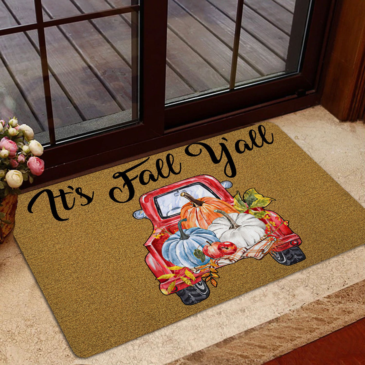 Ohaprints-Doormat-Outdoor-Indoor-It'S-Fall-Y'All-Pumpkin-Spice-Red-Truck-Custom-Personalized-Name-Rubber-Door-Mat-539-