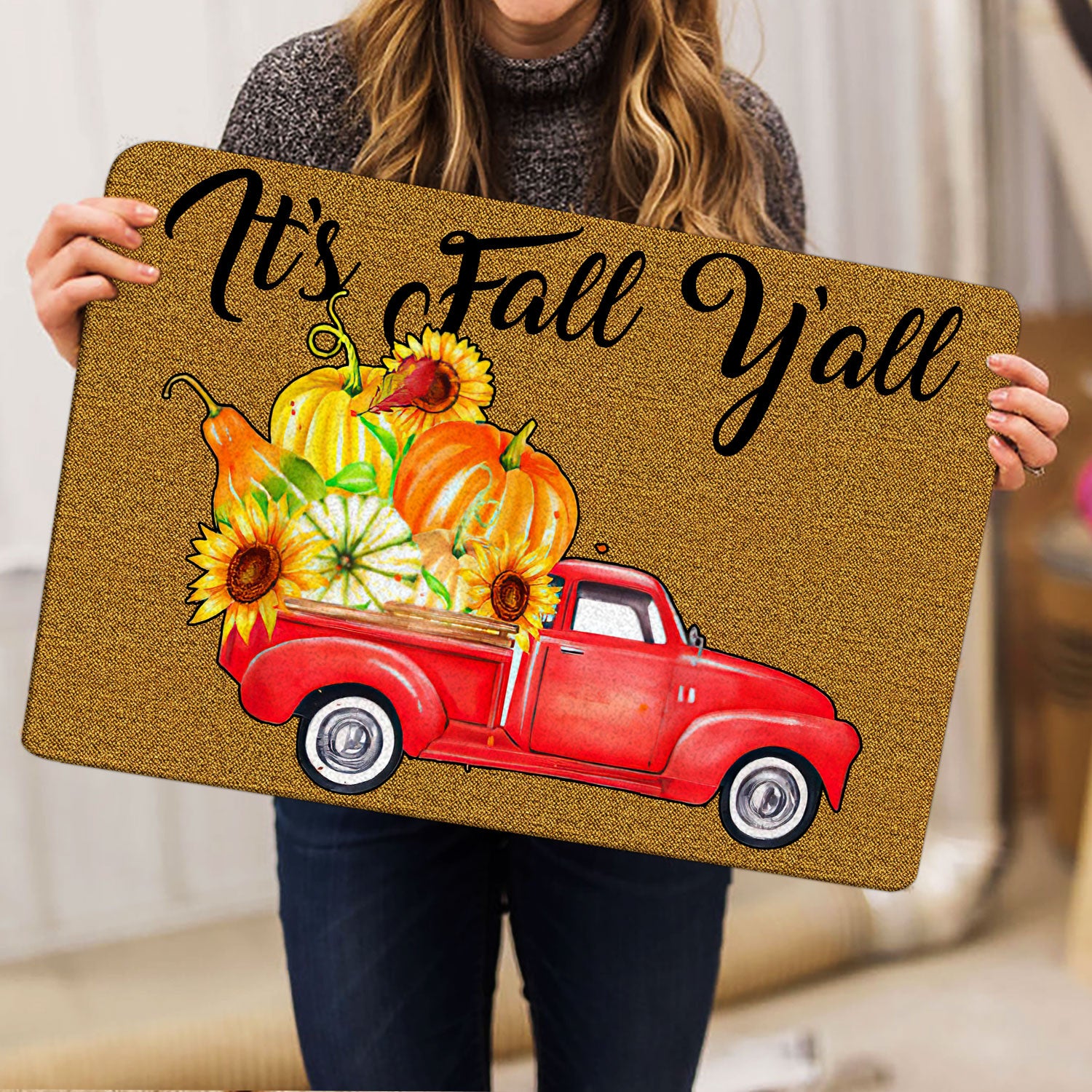 Ohaprints-Doormat-Outdoor-Indoor-It'S-Fall-Y'All-Red-Truck-Pumpkin-Spice-Custom-Personalized-Name-Rubber-Door-Mat-540-