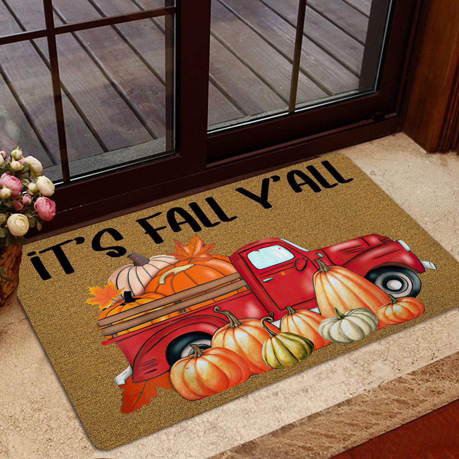 Ohaprints-Doormat-Outdoor-Indoor-Fall-It'S-Fall-Y'All-Red-Truck-Pumpkin-Custom-Personalized-Name-Rubber-Door-Mat-541-