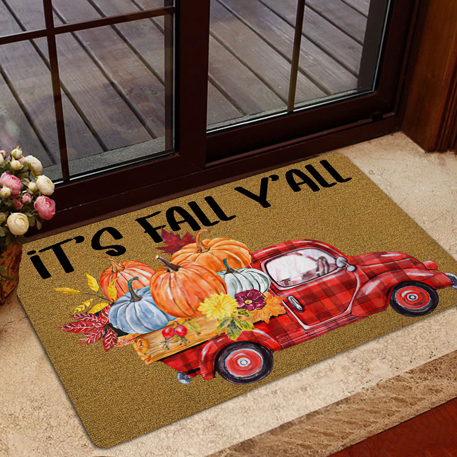 Ohaprints-Doormat-Outdoor-Indoor-It'S-Fall-Y'All-Red-Truck-Pumpkin-Custom-Personalized-Name-Rubber-Door-Mat-542-