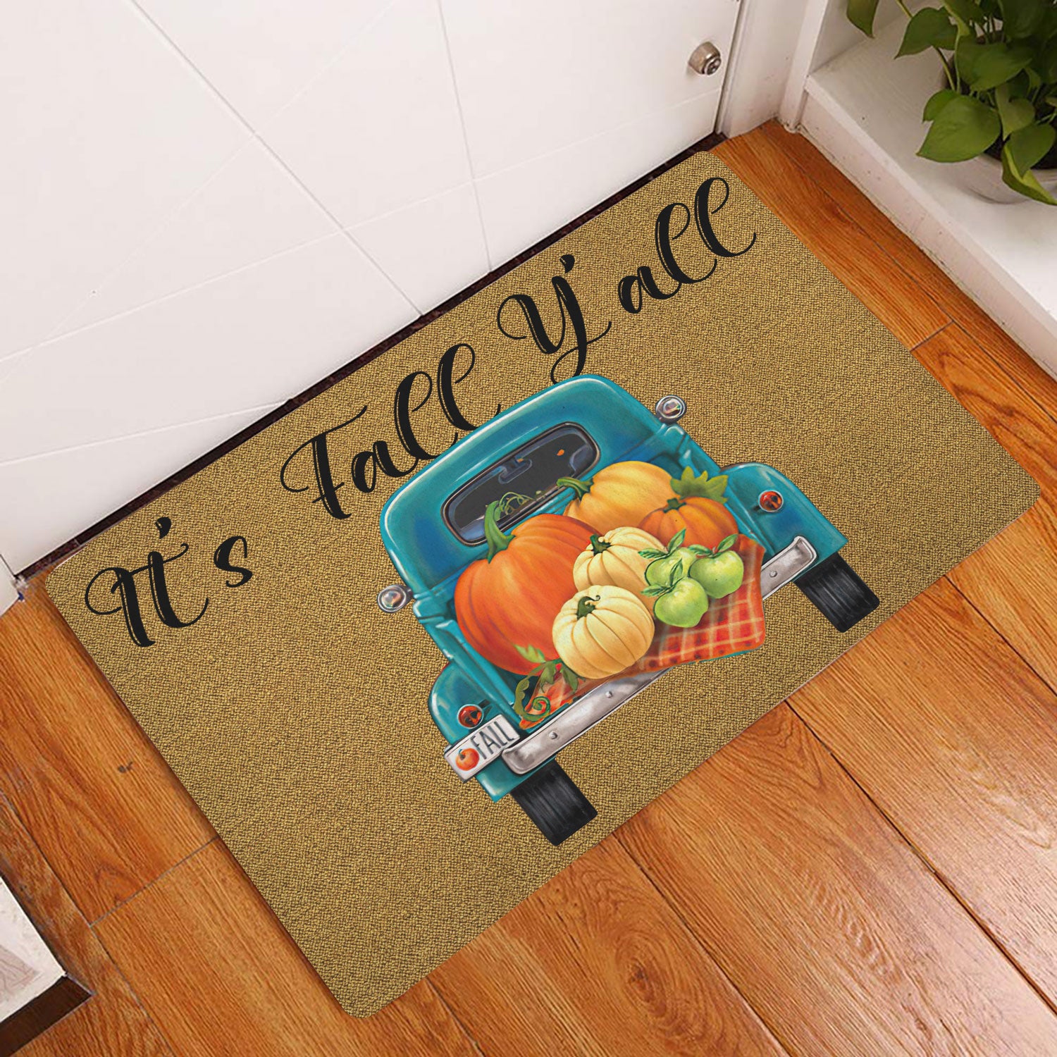 Ohaprints-Doormat-Outdoor-Indoor-It'S-Fall-Yall-Blue-Truck-Pumpkin-Spice-Custom-Personalized-Name-Rubber-Door-Mat-543-