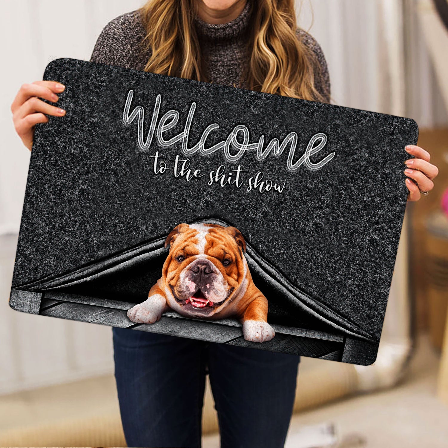 Ohaprints-Doormat-Outdoor-Indoor-English-Bulldog-Welcome-To-The-Shitshow-Gifts-For-Dog-Lovers-Rubber-Door-Mat-1620-