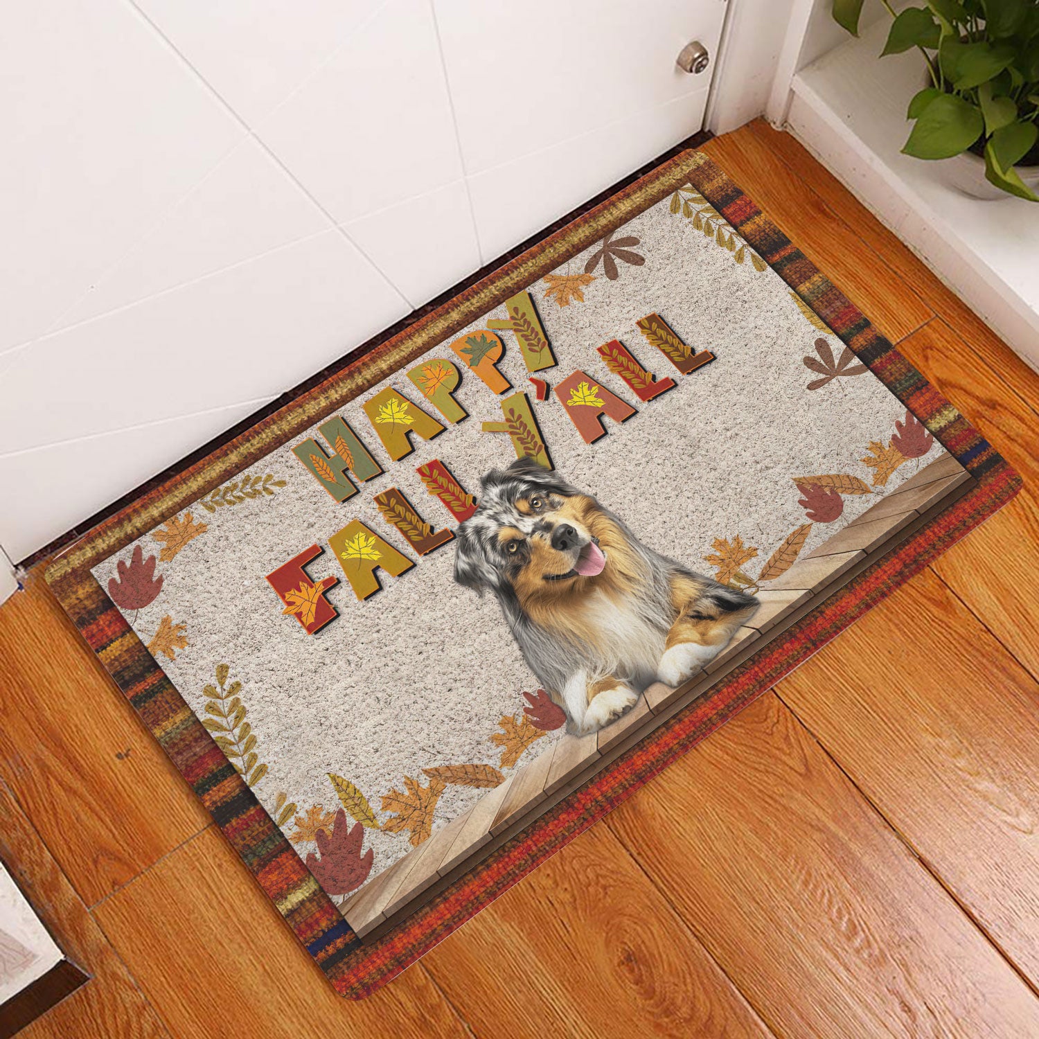 Ohaprints-Doormat-Outdoor-Indoor-Australian-Shepherd-Happy-Fall-Y'All-Pumpkin-Spice-Maple-Leaf-Rubber-Door-Mat-1663-