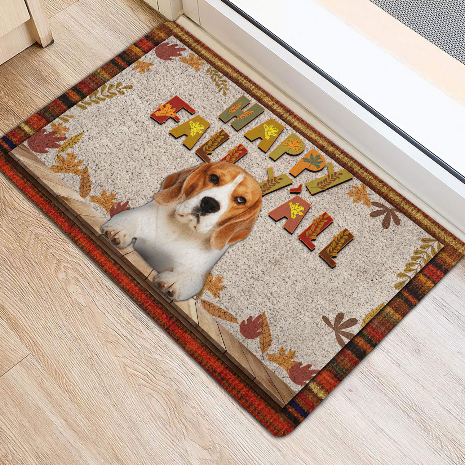 Ohaprints-Doormat-Outdoor-Indoor-Beagle-Dog-Happy-Fall-Y'All-Pumpkin-Spice-Maple-Leaf-Rubber-Door-Mat-1664-