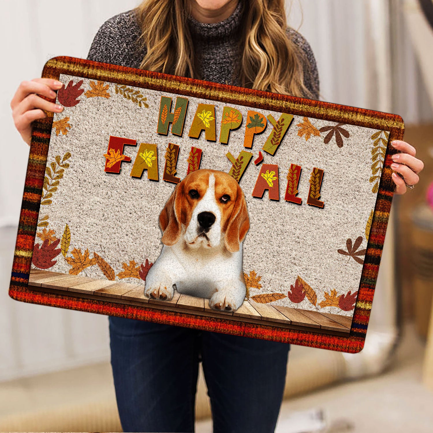 Ohaprints-Doormat-Outdoor-Indoor-Beagle-Dog-Happy-Fall-Y'All-Pumpkin-Spice-Maple-Leaf-Rubber-Door-Mat-1664-