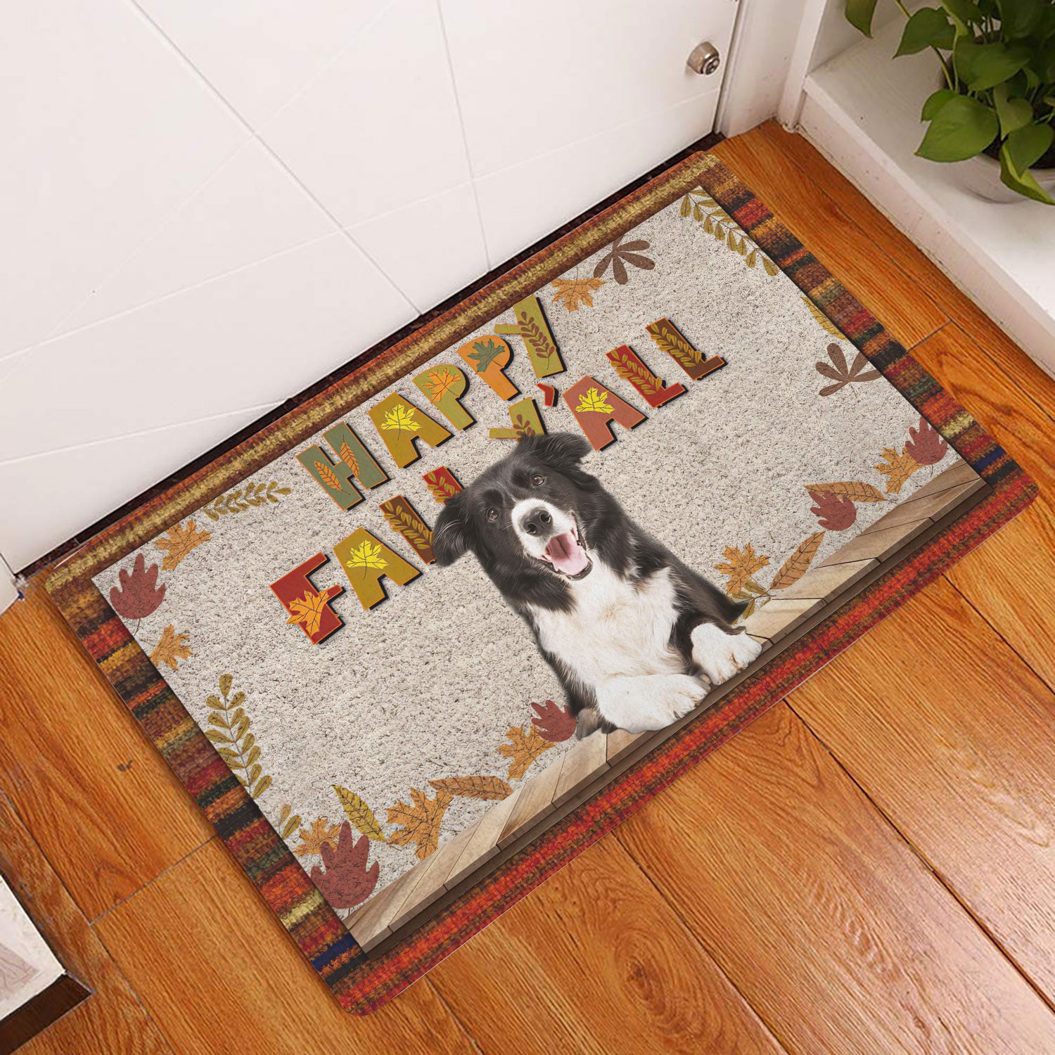 Ohaprints-Doormat-Outdoor-Indoor-Border-Collie-Dog-Happy-Fall-Y'All-Pumpkin-Spice-Maple-Leaf-Rubber-Door-Mat-1667-