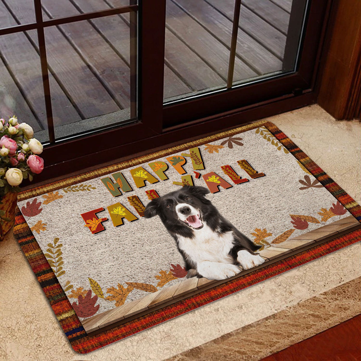 Ohaprints-Doormat-Outdoor-Indoor-Border-Collie-Dog-Happy-Fall-Y'All-Pumpkin-Spice-Maple-Leaf-Rubber-Door-Mat-1667-