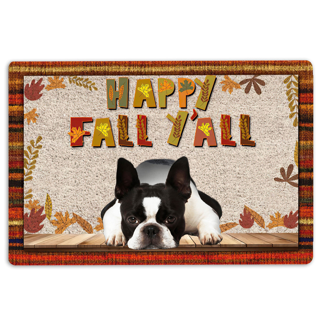 Ohaprints-Doormat-Outdoor-Indoor-Boston-Terrier-Dog-Happy-Fall-Y'All-Pumpkin-Spice-Maple-Leaf-Rubber-Door-Mat-1668-18'' x 30''