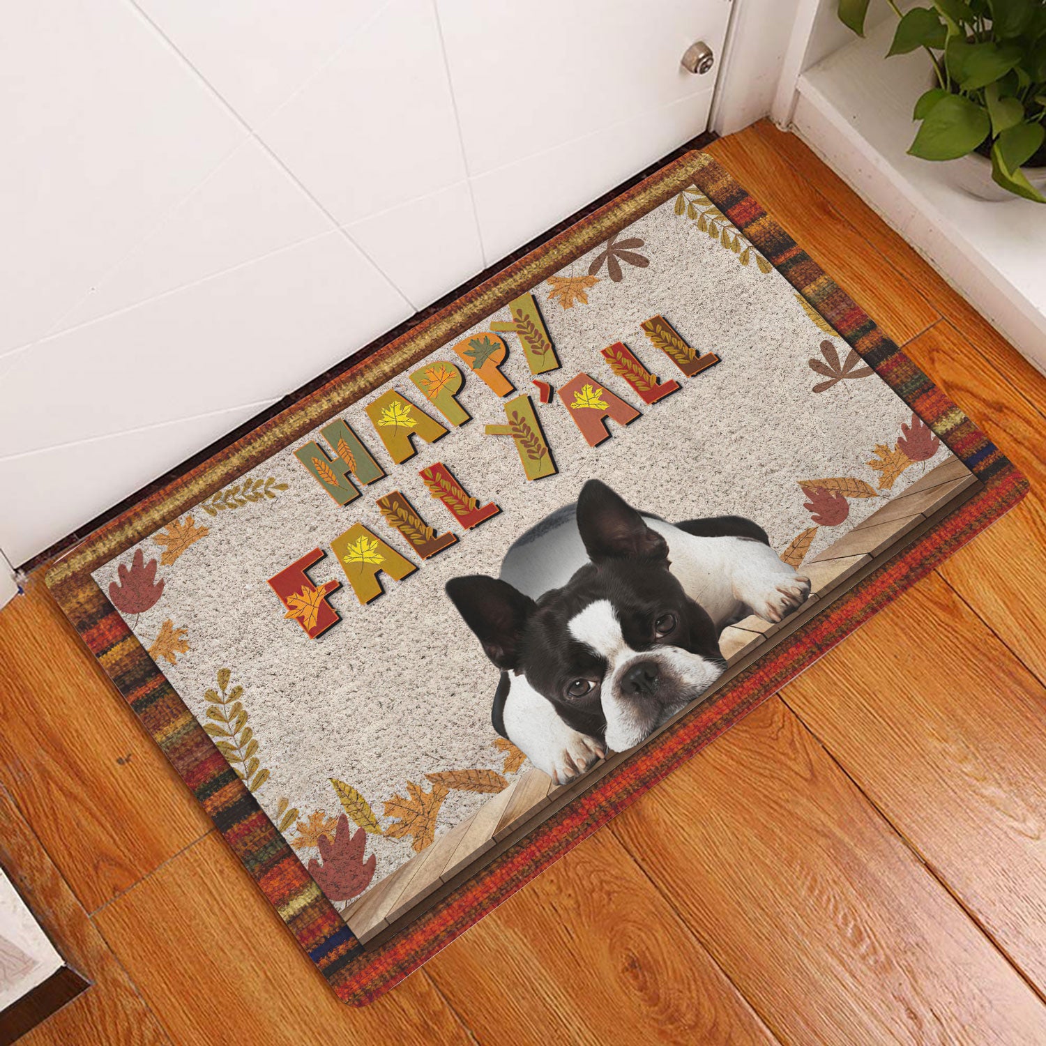 Ohaprints-Doormat-Outdoor-Indoor-Boston-Terrier-Dog-Happy-Fall-Y'All-Pumpkin-Spice-Maple-Leaf-Rubber-Door-Mat-1668-