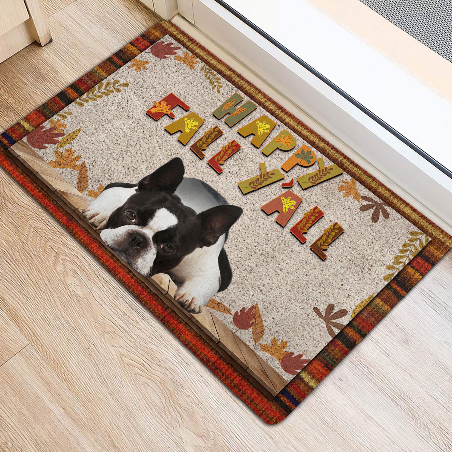 Ohaprints-Doormat-Outdoor-Indoor-Boston-Terrier-Dog-Happy-Fall-Y'All-Pumpkin-Spice-Maple-Leaf-Rubber-Door-Mat-1668-