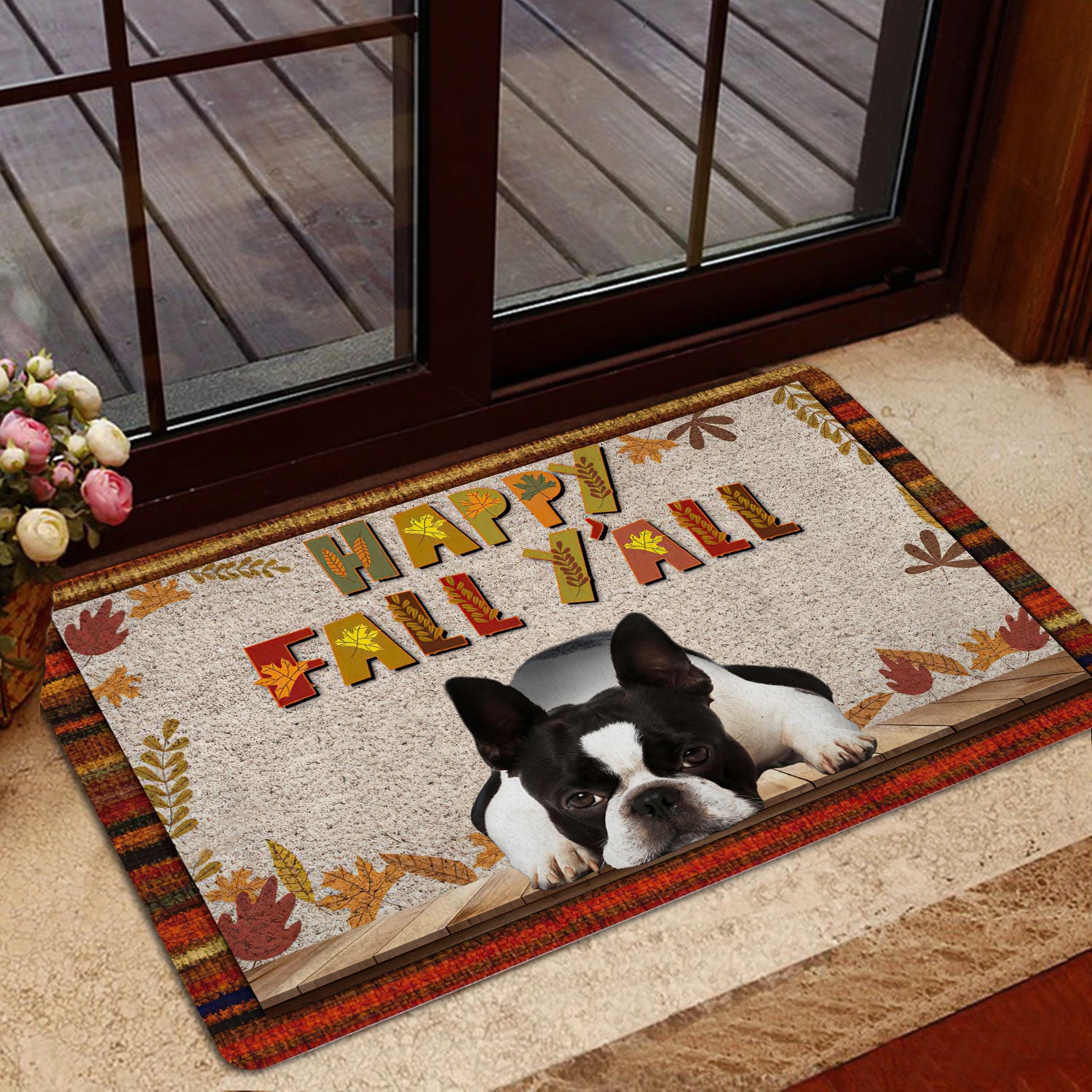 Ohaprints-Doormat-Outdoor-Indoor-Boston-Terrier-Dog-Happy-Fall-Y'All-Pumpkin-Spice-Maple-Leaf-Rubber-Door-Mat-1668-