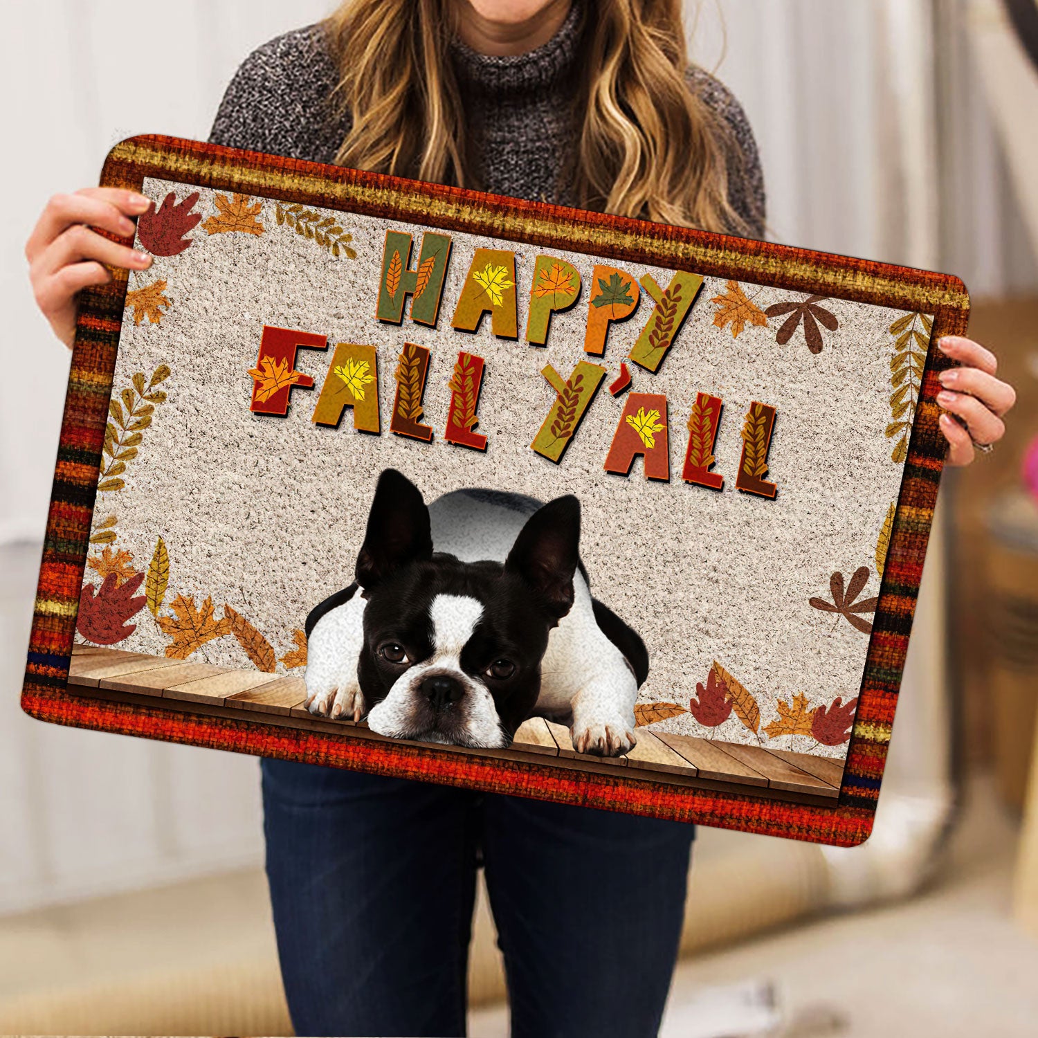 Ohaprints-Doormat-Outdoor-Indoor-Boston-Terrier-Dog-Happy-Fall-Y'All-Pumpkin-Spice-Maple-Leaf-Rubber-Door-Mat-1668-