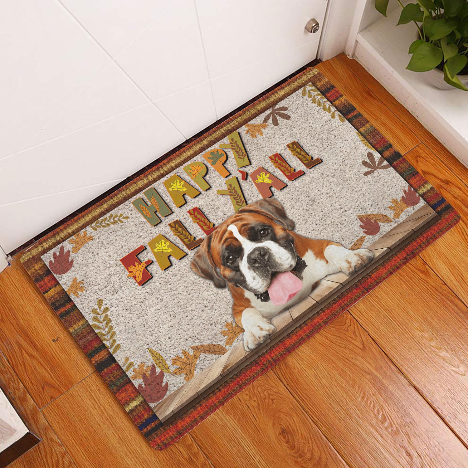 Ohaprints-Doormat-Outdoor-Indoor-Boxer-Dog-Happy-Fall-Y'All-Pumpkin-Spice-Maple-Leaf-Rubber-Door-Mat-1669-