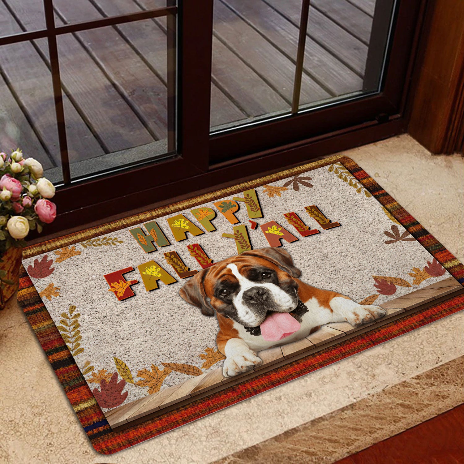 Ohaprints-Doormat-Outdoor-Indoor-Boxer-Dog-Happy-Fall-Y'All-Pumpkin-Spice-Maple-Leaf-Rubber-Door-Mat-1669-