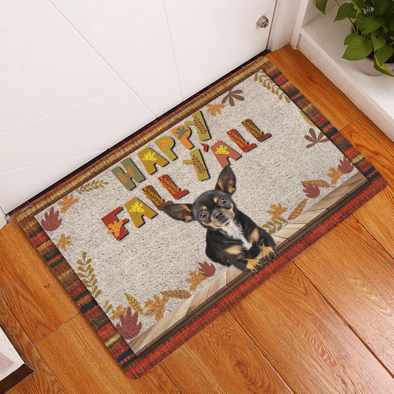 Ohaprints-Doormat-Outdoor-Indoor-Chihuahua-Dog-Happy-Fall-Y'All-Pumpkin-Spice-Maple-Leaf-Rubber-Door-Mat-1670-