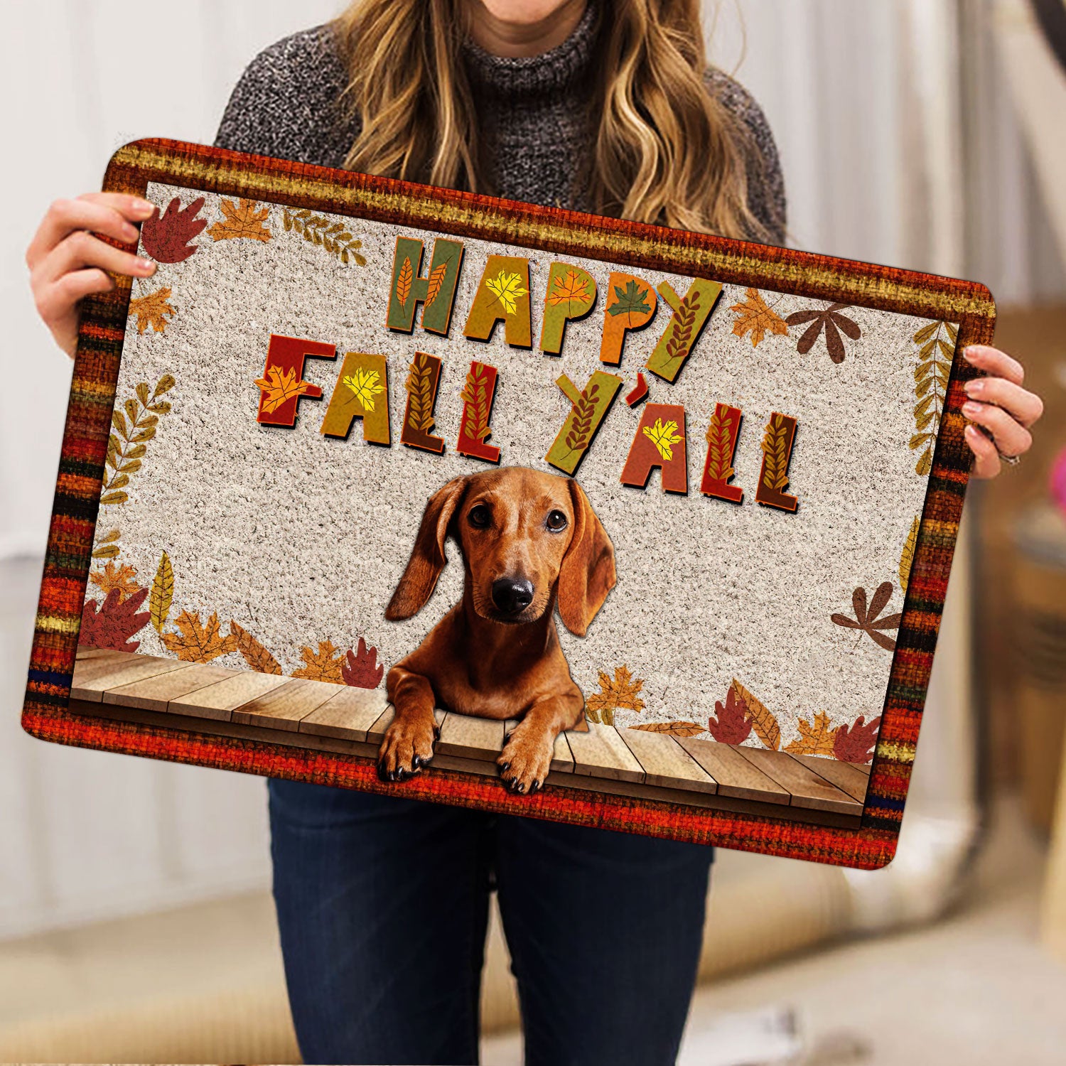 Ohaprints-Doormat-Outdoor-Indoor-Dachshund-Dog-Happy-Fall-Y'All-Pumpkin-Spice-Maple-Leaf-Rubber-Door-Mat-1672-