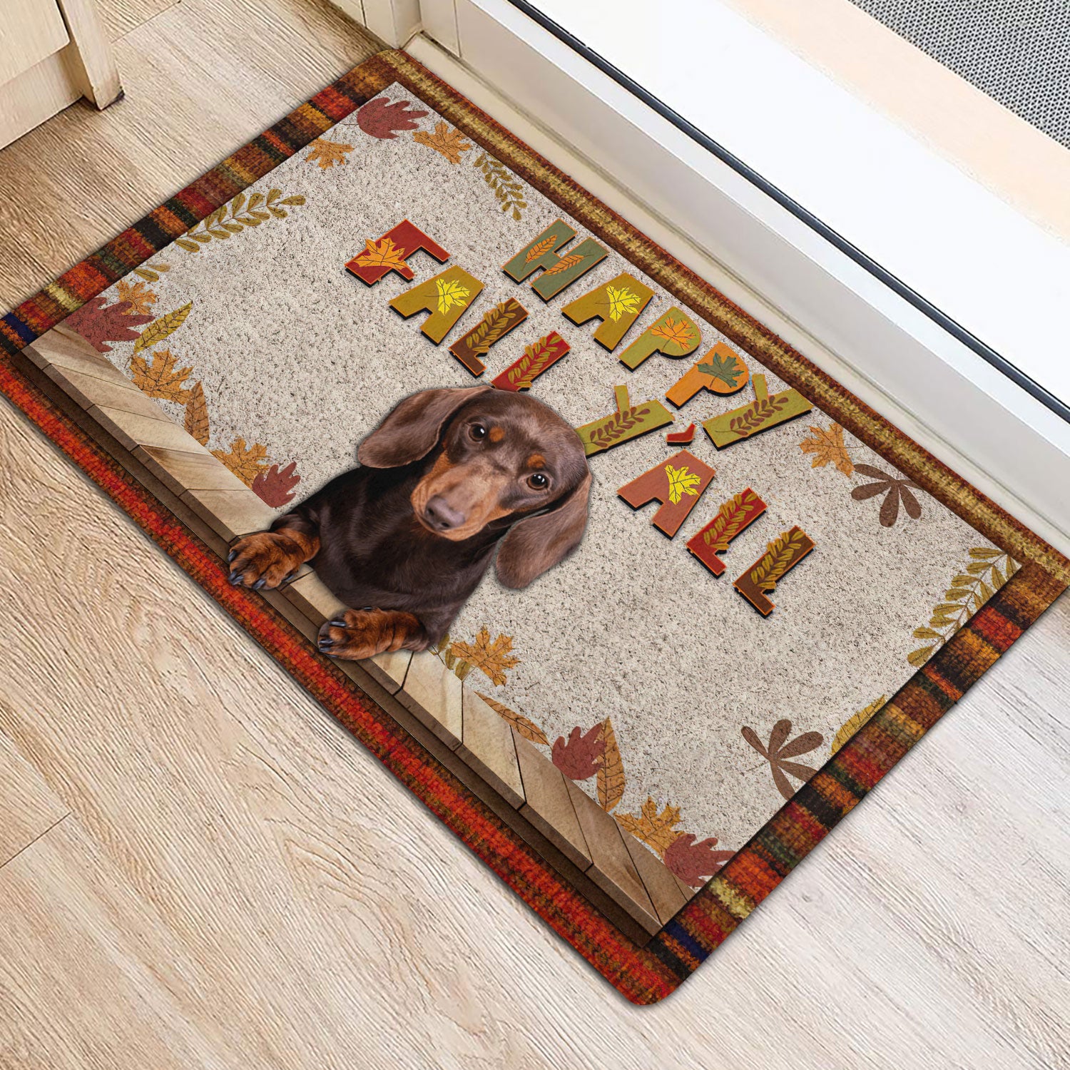 Ohaprints-Doormat-Outdoor-Indoor-Dachshund-Dog-Happy-Fall-Y'All-Pumpkin-Spice-Maple-Leaf-Rubber-Door-Mat-1673-