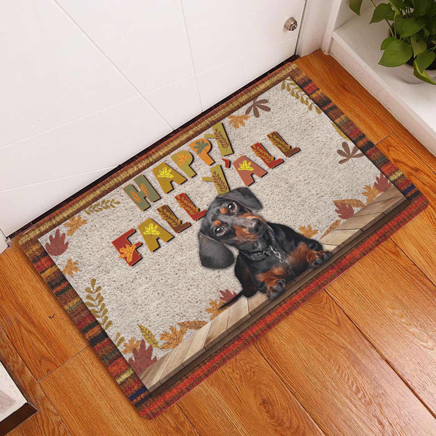 Ohaprints-Doormat-Outdoor-Indoor-Black-Tan-Dachshund-Happy-Fall-Y'All-Pumpkin-Spice-Maple-Leaf-Rubber-Door-Mat-1674-