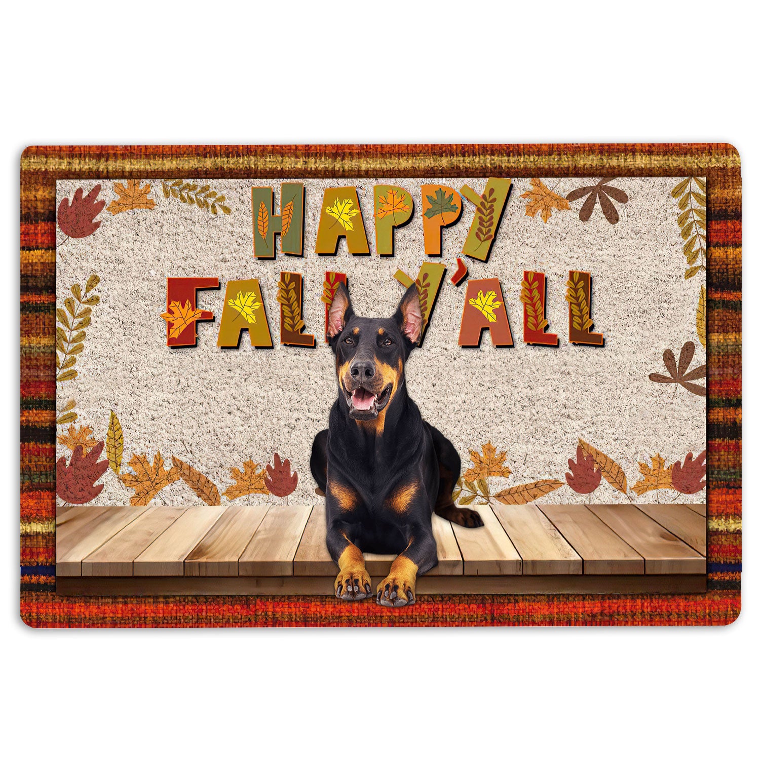 Ohaprints-Doormat-Outdoor-Indoor-Dobermann-Dog-Happy-Fall-Y'All-Pumpkin-Spice-Leaf-Rubber-Door-Mat-1675-18'' x 30''