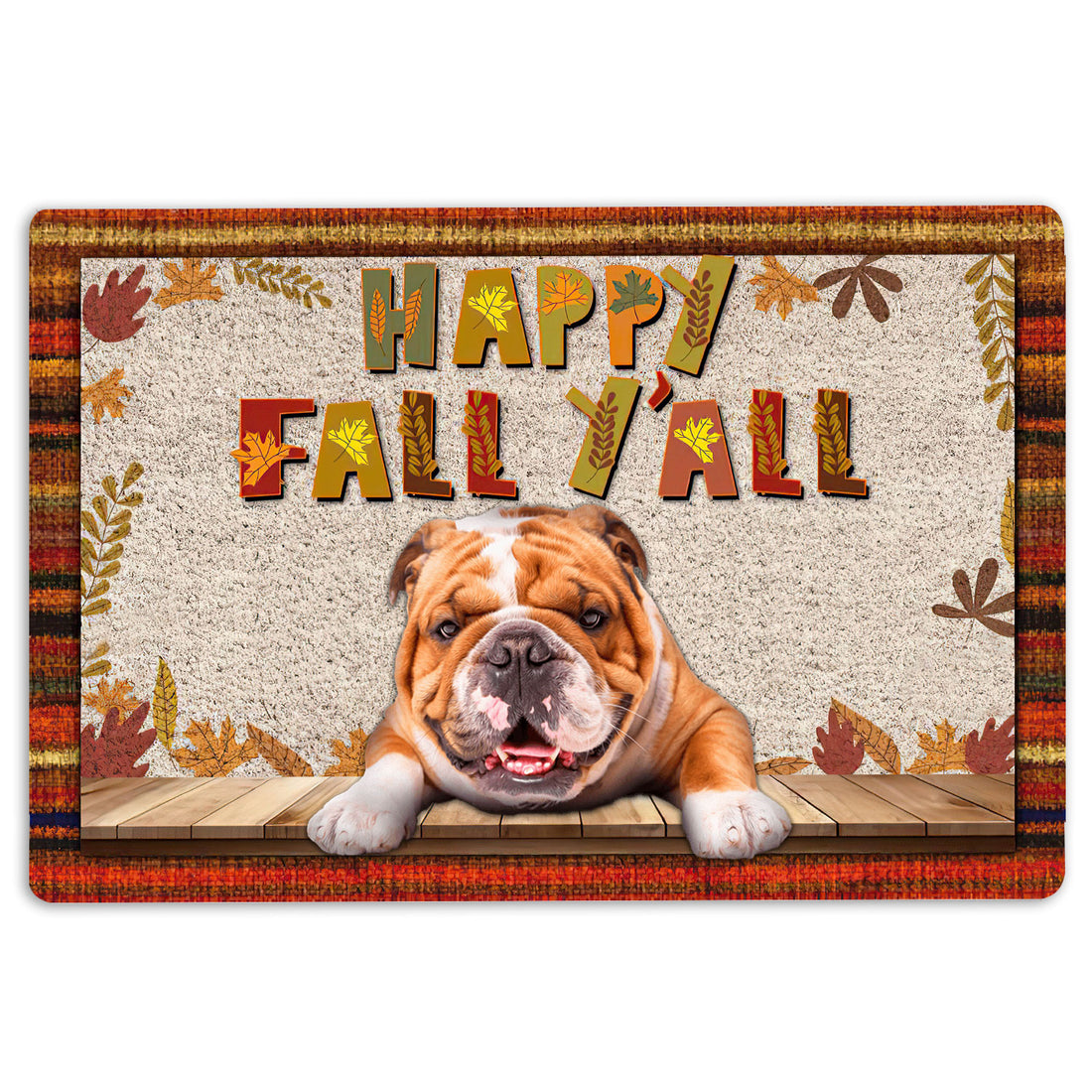 Ohaprints-Doormat-Outdoor-Indoor-English-Bulldog-Dog-Happy-Fall-Y'All-Pumpkin-Spice-Maple-Leaf-Rubber-Door-Mat-1676-18'' x 30''