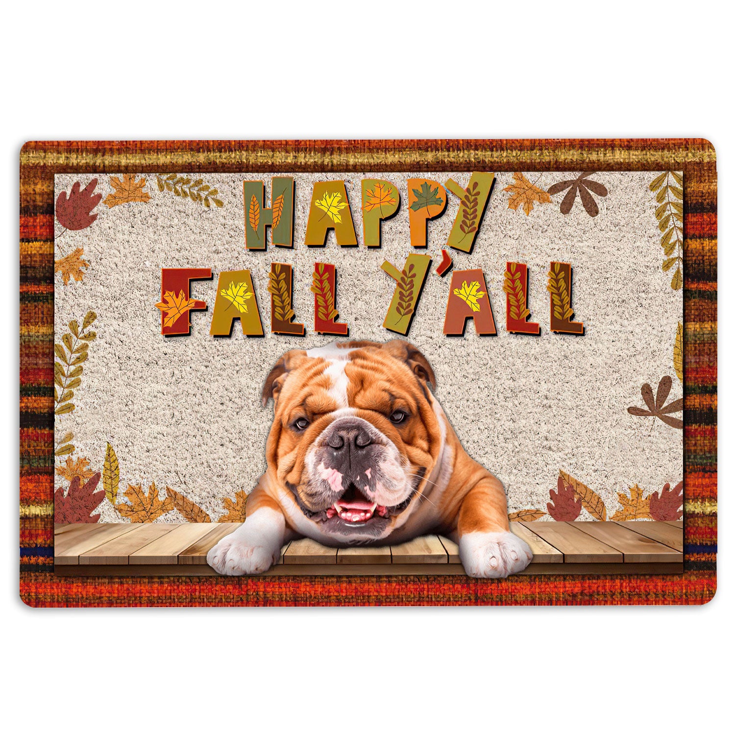 Ohaprints-Doormat-Outdoor-Indoor-English-Bulldog-Dog-Happy-Fall-Y'All-Pumpkin-Spice-Maple-Leaf-Rubber-Door-Mat-1676-18'' x 30''