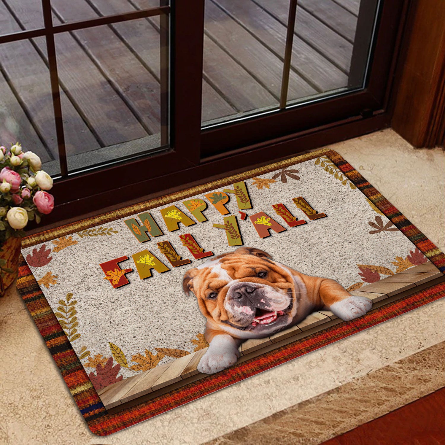 Ohaprints-Doormat-Outdoor-Indoor-English-Bulldog-Dog-Happy-Fall-Y'All-Pumpkin-Spice-Maple-Leaf-Rubber-Door-Mat-1676-