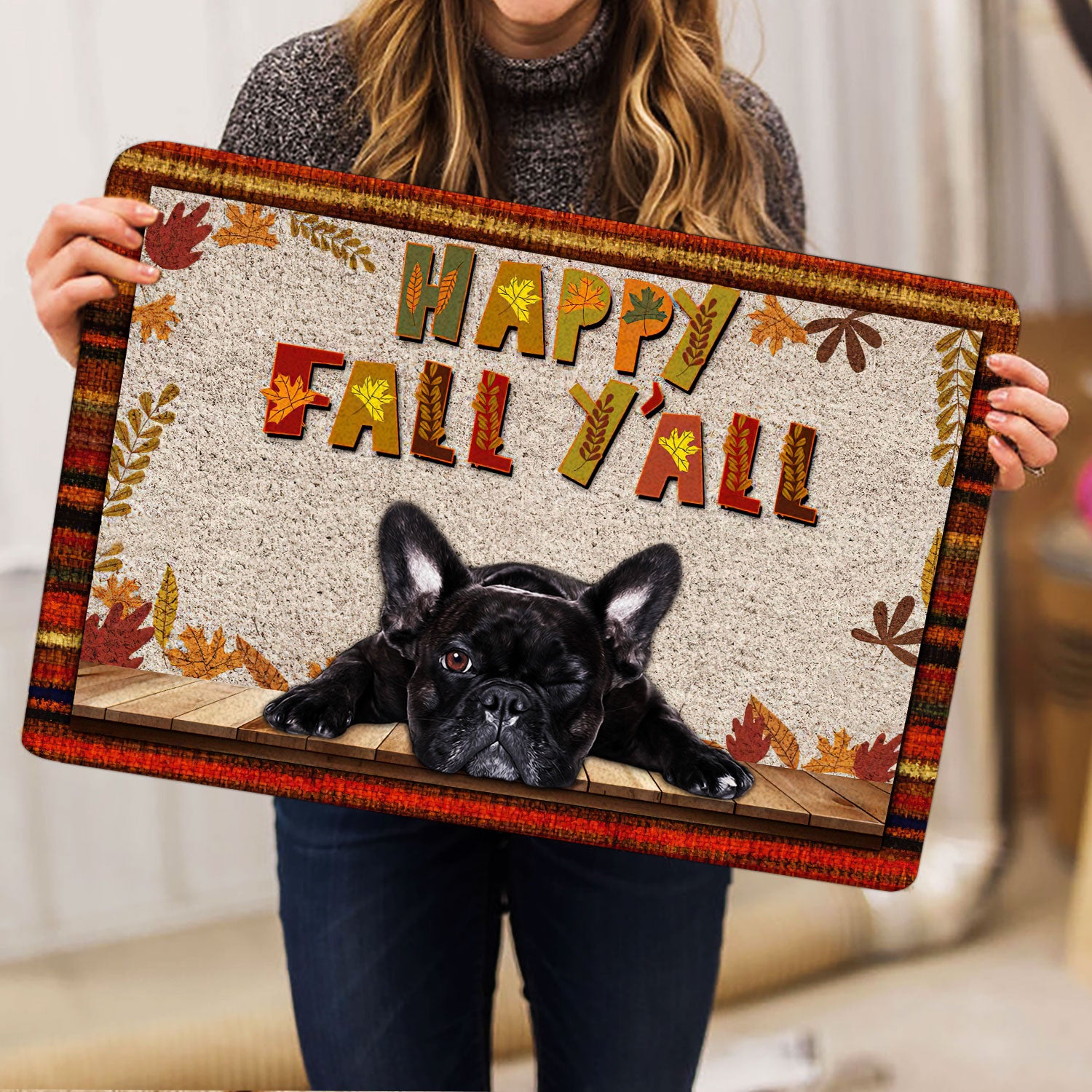 Ohaprints-Doormat-Outdoor-Indoor-French-Bulldog-Dog-Happy-Fall-Y'All-Pumpkin-Spice-Maple-Leaf-Rubber-Door-Mat-1677-