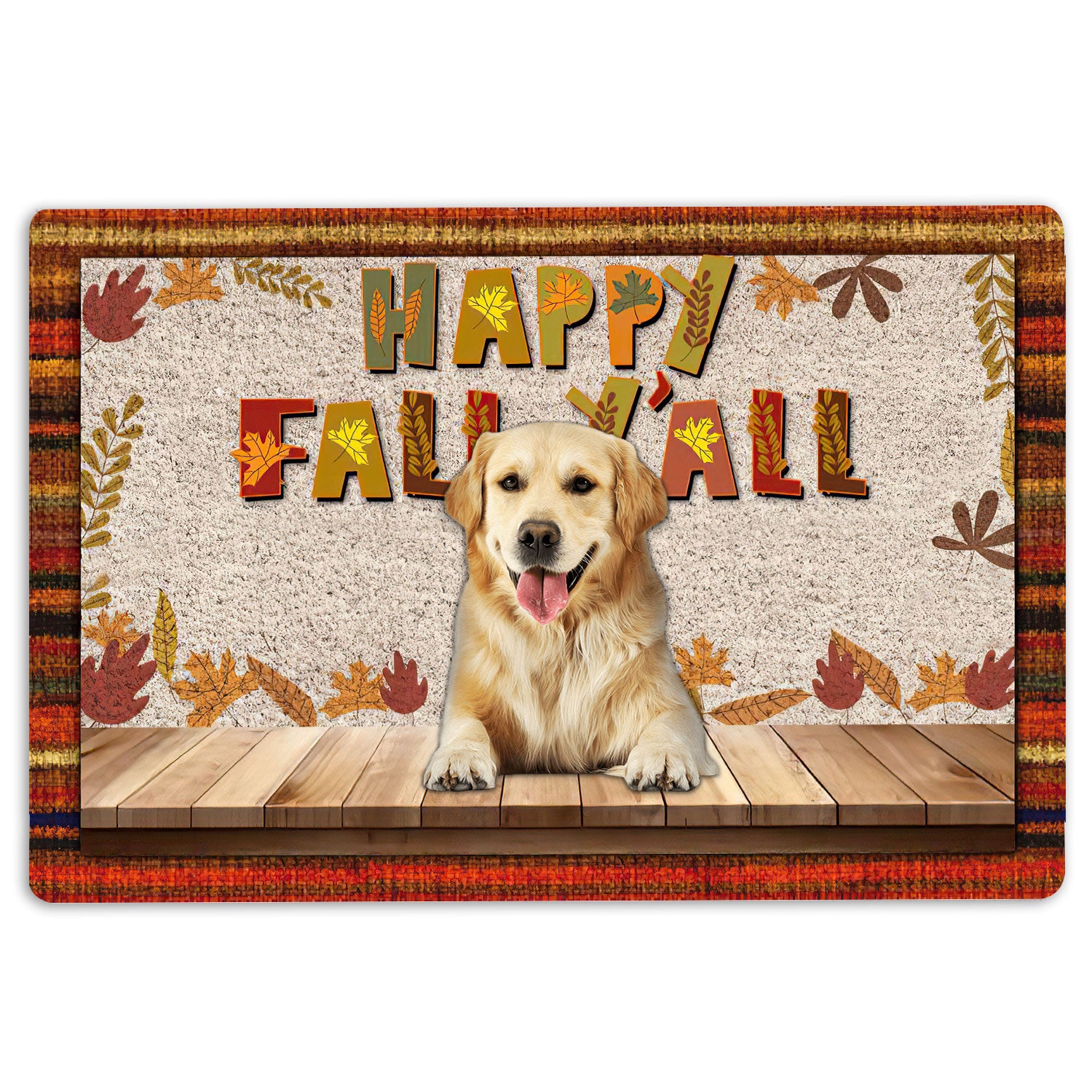 Ohaprints-Doormat-Outdoor-Indoor-Golden-Retriever-Dog-Happy-Fall-Y'All-Pumpkin-Spice-Maple-Leaf-Rubber-Door-Mat-1679-18'' x 30''