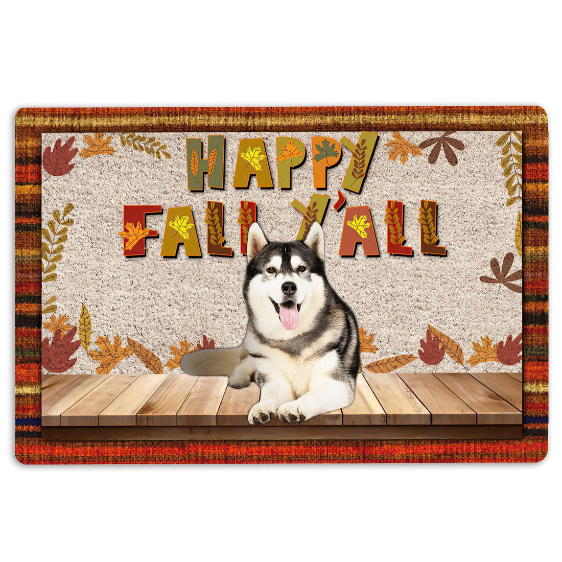 Ohaprints-Doormat-Outdoor-Indoor-Siberian-Husky-Dog-Happy-Fall-Y'All-Pumpkin-Spice-Maple-Leaf-Rubber-Door-Mat-1680-18'' x 30''