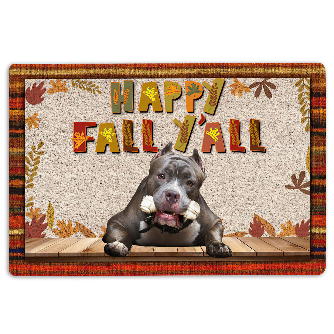 Ohaprints-Doormat-Outdoor-Indoor-Pitbull-Dog-Happy-Fall-Y'All-Pumpkin-Spice-Maple-Leaf-Rubber-Door-Mat-1681-18'' x 30''