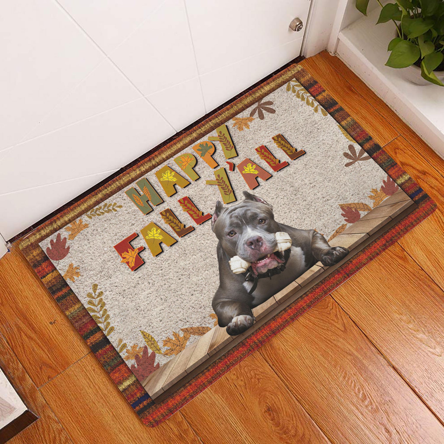 Ohaprints-Doormat-Outdoor-Indoor-Pitbull-Dog-Happy-Fall-Y'All-Pumpkin-Spice-Maple-Leaf-Rubber-Door-Mat-1681-