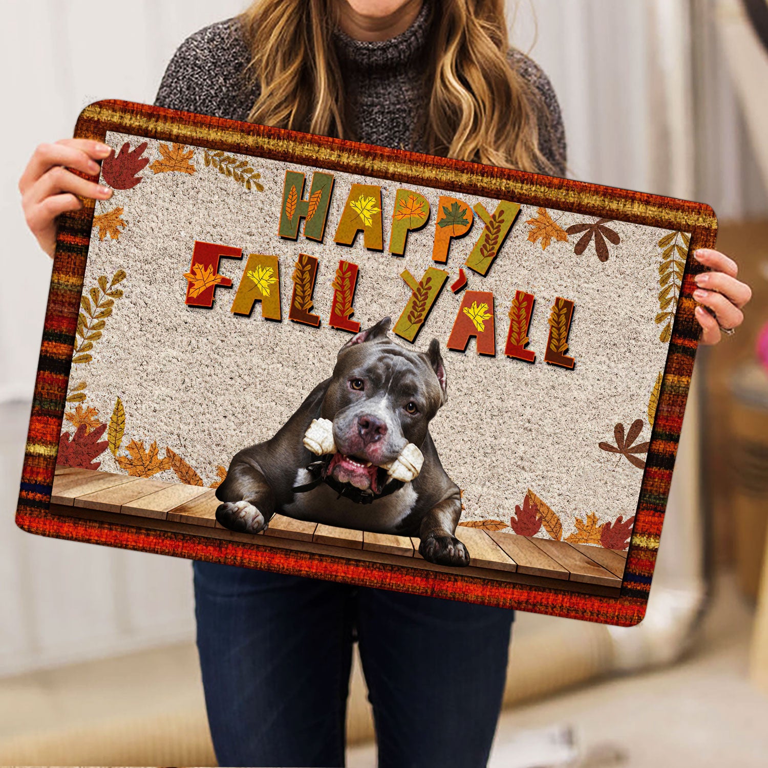 Ohaprints-Doormat-Outdoor-Indoor-Pitbull-Dog-Happy-Fall-Y'All-Pumpkin-Spice-Maple-Leaf-Rubber-Door-Mat-1681-