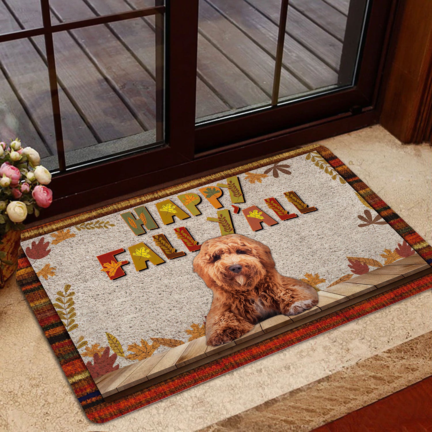 Ohaprints-Doormat-Outdoor-Indoor-Poodle-Dog-Happy-Fall-Y'All-Pumpkin-Spice-Maple-Leaf-Rubber-Door-Mat-1682-