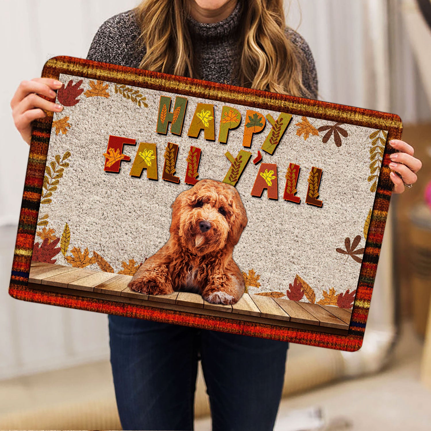 Ohaprints-Doormat-Outdoor-Indoor-Poodle-Dog-Happy-Fall-Y'All-Pumpkin-Spice-Maple-Leaf-Rubber-Door-Mat-1682-