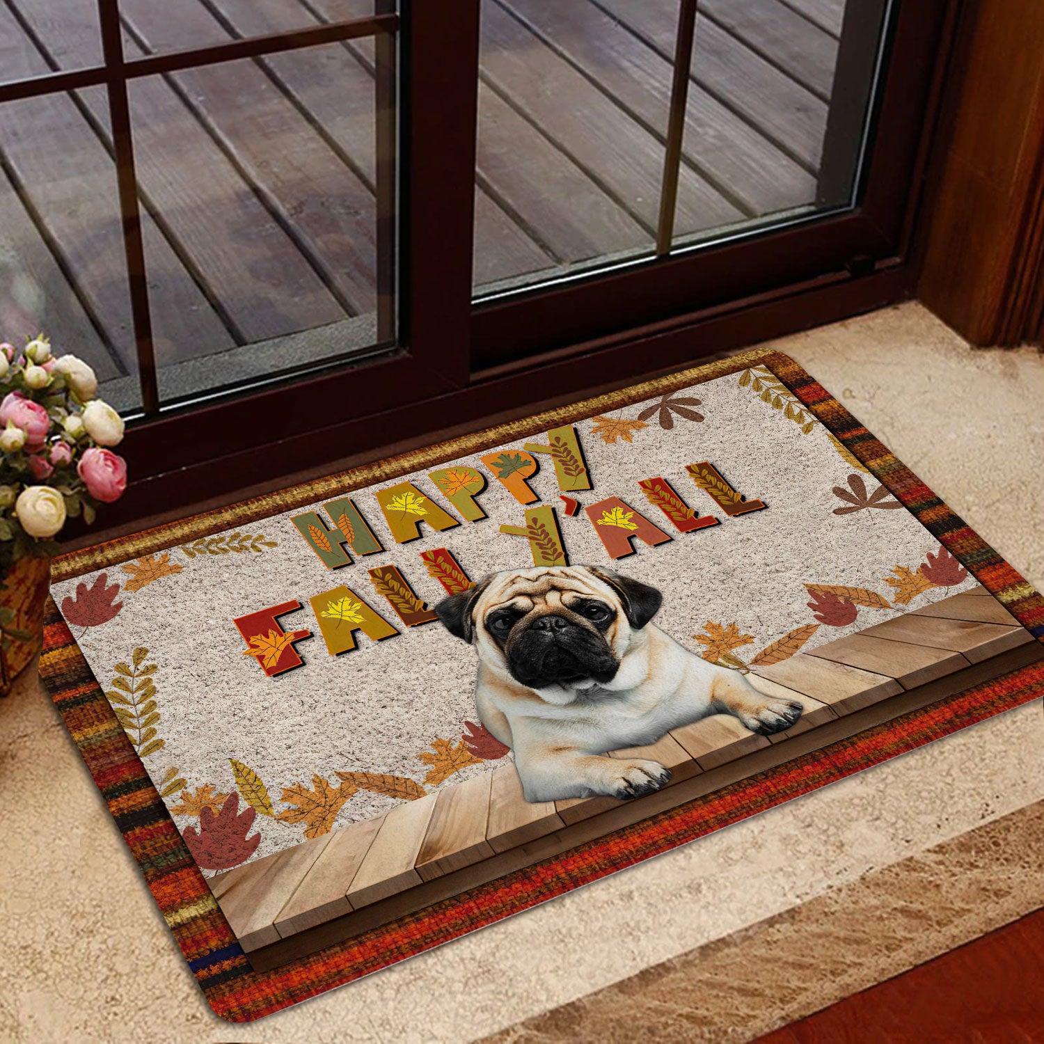 Ohaprints-Doormat-Outdoor-Indoor-Pug-Dog-Happy-Fall-Y'All-Pumpkin-Spice-Maple-Leaf-Rubber-Door-Mat-1683-