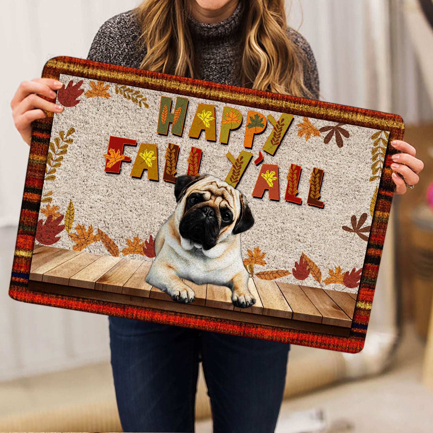 Ohaprints-Doormat-Outdoor-Indoor-Pug-Dog-Happy-Fall-Y'All-Pumpkin-Spice-Maple-Leaf-Rubber-Door-Mat-1683-