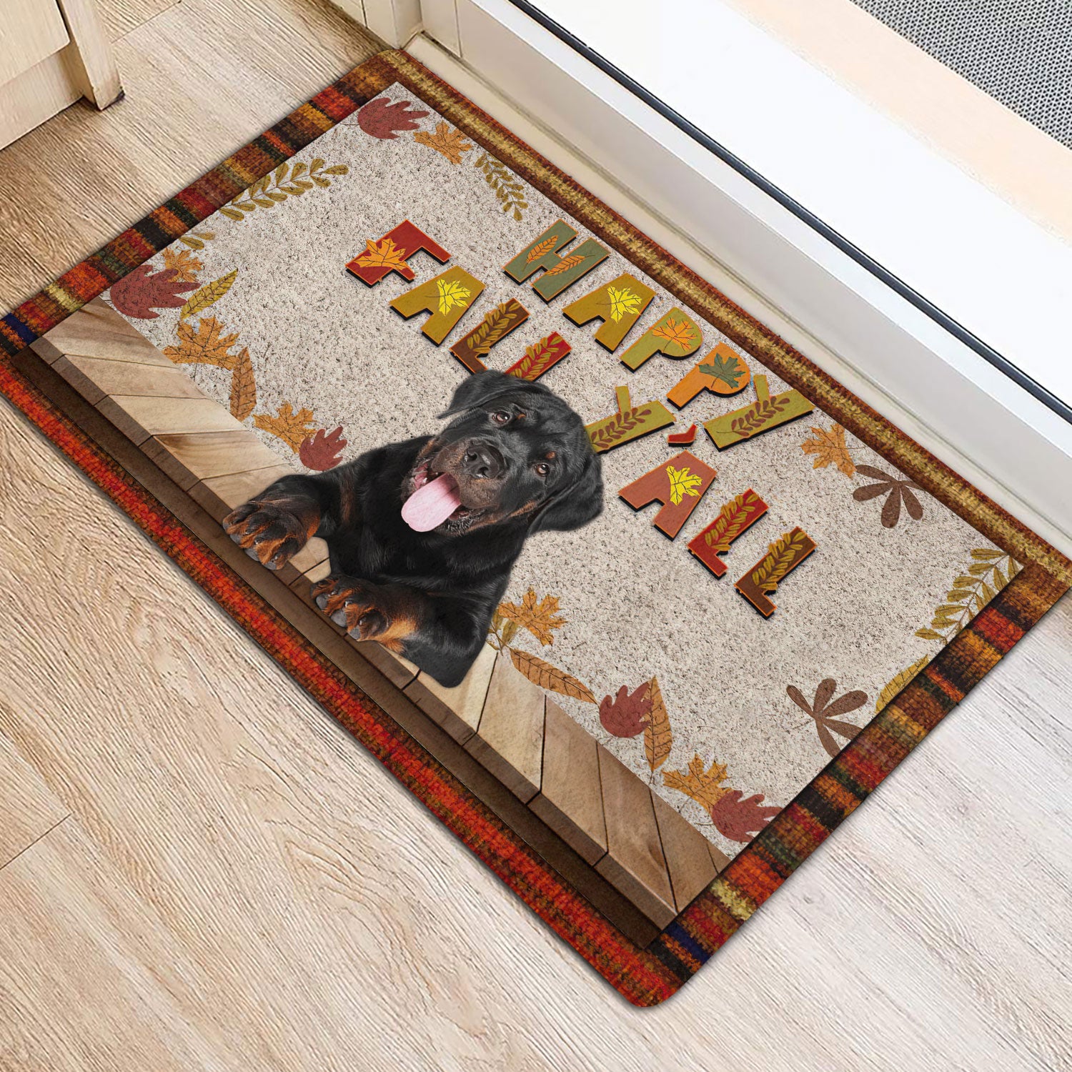 Ohaprints-Doormat-Outdoor-Indoor-Rottweiler-Dog-Happy-Fall-Y'All-Pumpkin-Spice-Maple-Leaf-Rubber-Door-Mat-1684-